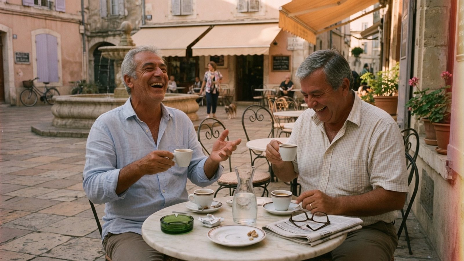 Deux hommes d’une cinquantaine d’années, rires autour d’un café en terrasse